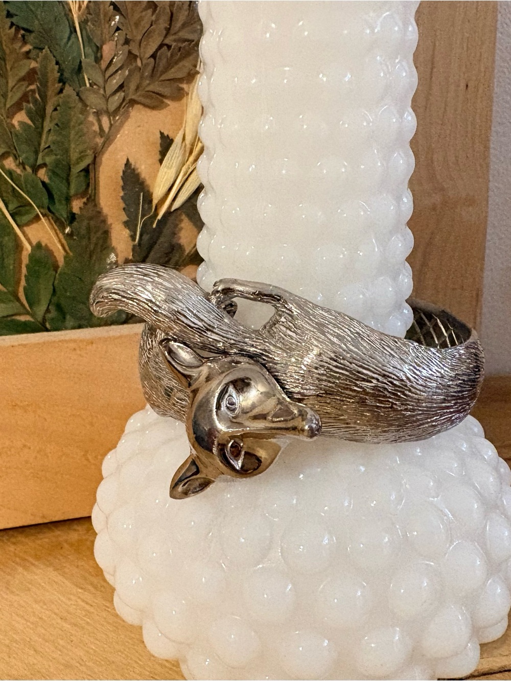 Silver Fox Head Cuff Bracelet - Sculpted Animal Motif